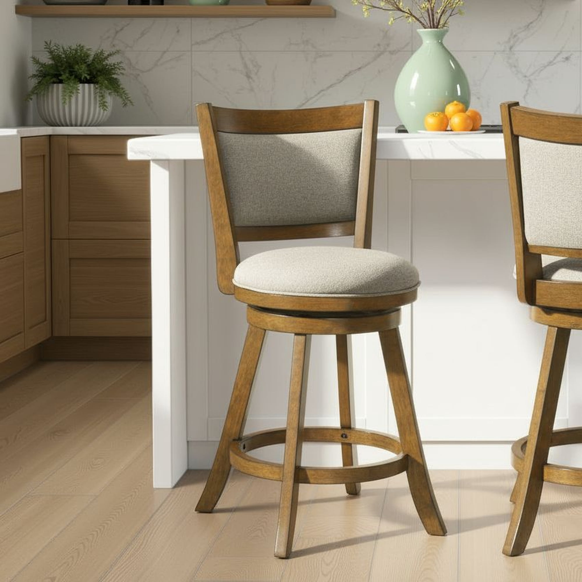 Aiden Modern Farmhouse Swivel Wood Counter Height Kitchen Bar Stool in Sepia Brown Finish with Grey Fabric Upholstered Seat - Set of 4