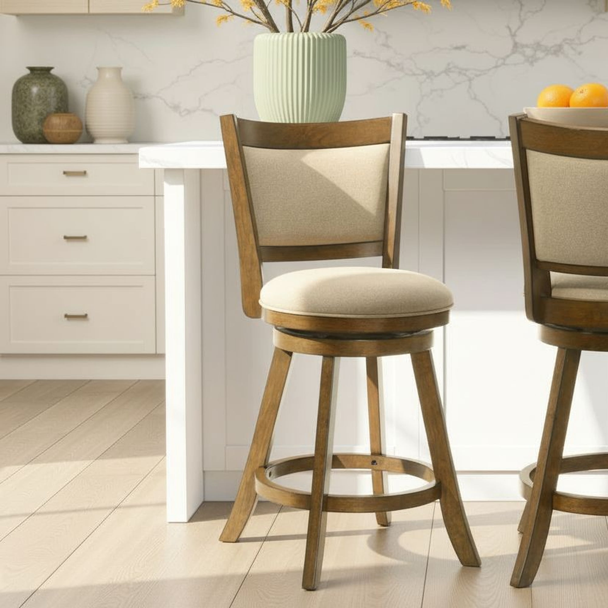 Aiden Modern Farmhouse Swivel Wood Counter Height Kitchen Bar Stool in Sepia Brown Finish with Grey Fabric Upholstered Seat