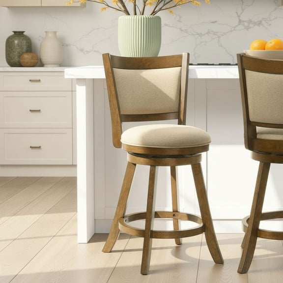 Aiden Modern Farmhouse Swivel Wood Counter Height Kitchen Bar Stool in Sepia Brown Finish with Grey Fabric Upholstered Seat