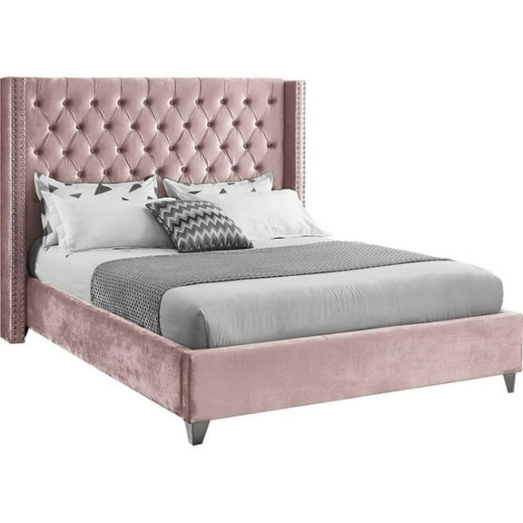 Aiden Pink Velvet Queen Bed-Color:Pink Velvet,Style:Contemporary