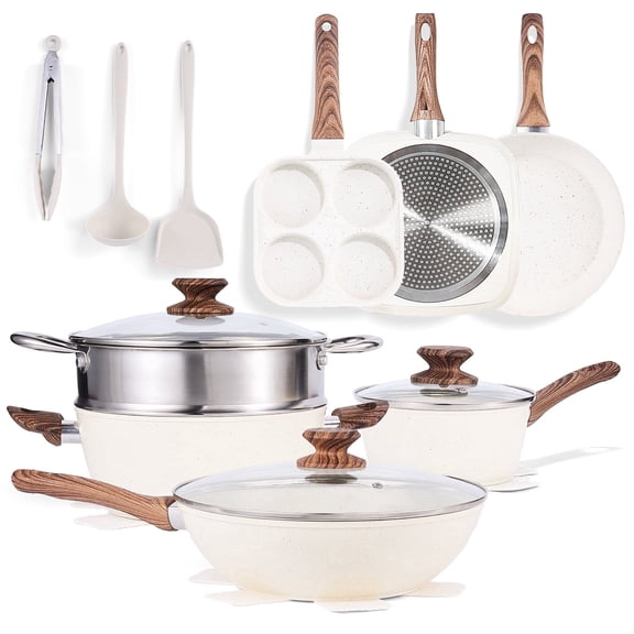 Aidoly 17-Piece Aluminum Cookware Set with Glass Lids—Nonstick Cookware is Suitable for Induction Cooktops and All Types of Stoves, Beige