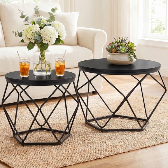 Aidoly 2-Piece Round Nesting Coffee Table Set with Hidden Storage, Modern Geometric Movable End Tables for Living Room – Black
