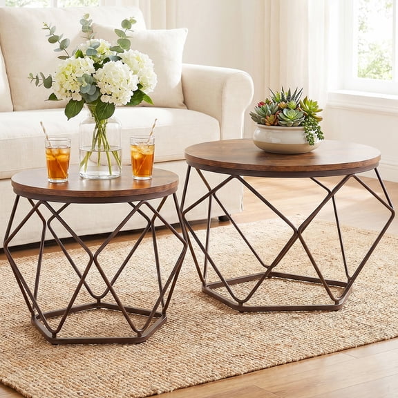 Aidoly 2-Piece Round Nesting Coffee Table Set with Hidden Storage, Modern Geometric Movable End Tables for Living Room – Brown