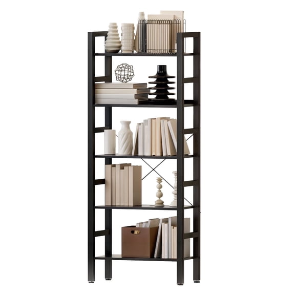 Aidoly 5-Tier Industrial Bookshelf – Space-Saving Vertical Design, Anti-Wobble Structure, Modern Bookcase for Living Room, Bedroom, Home Office, Black