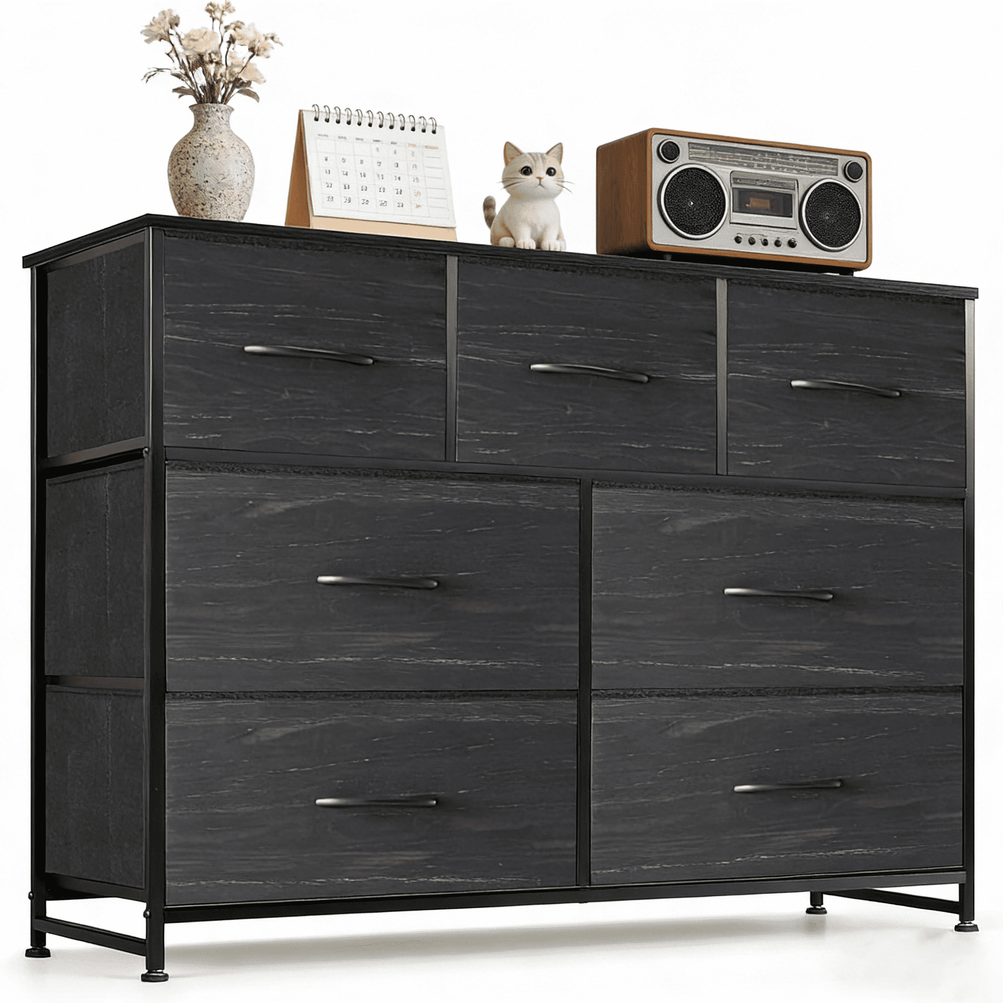 Aidoly 7-Drawer Wide Fabric Storage Dresser with Wooden Top - Space-Saving Bedroom & Closet Organizer, Charcoal Black