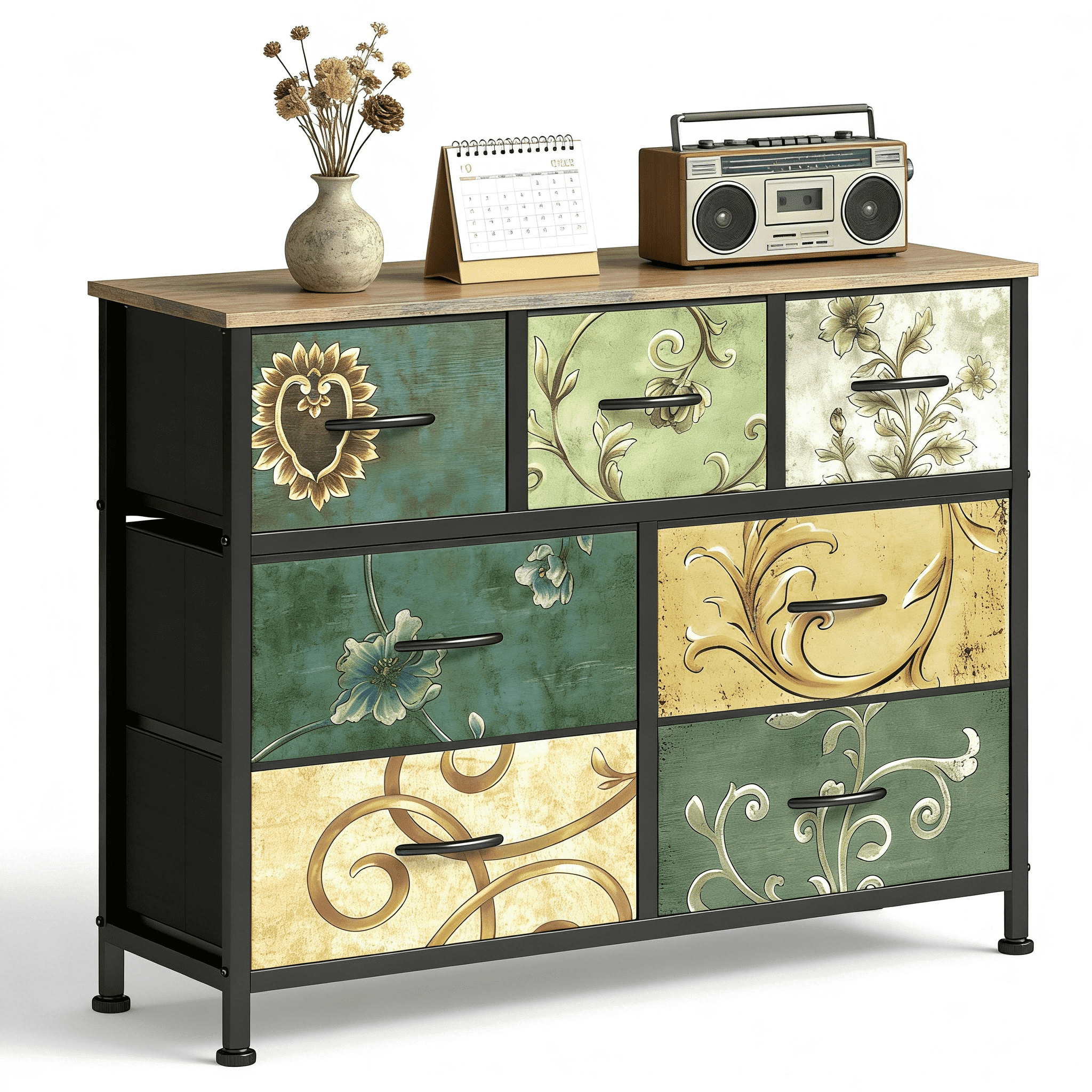 Aidoly 7-Drawer Wide Fabric Storage Dresser with Wooden Top - Space-Saving Bedroom & Closet Organizer, Floral Painted