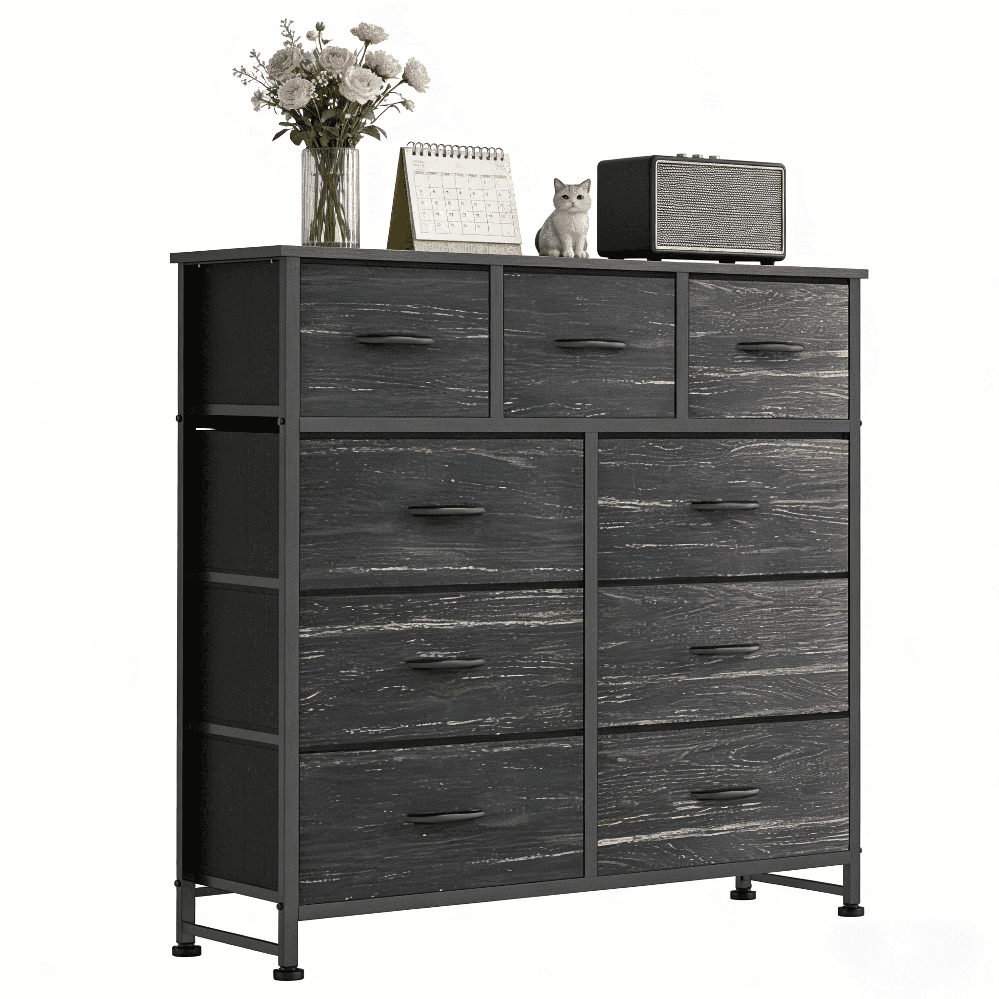 Aidoly 9-Drawer Wide Fabric Storage Dresser with Wooden Top - Space-Saving Bedroom & Closet Organizer, Charcoal Black