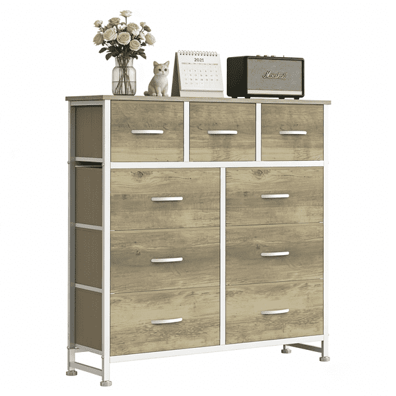 Aidoly 9-Drawer Wide Fabric Storage Dresser with Wooden Top - Space-Saving Bedroom & Closet Organizer, Greige Oak