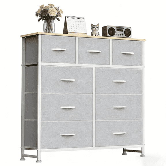Aidoly 9-Drawer Wide Fabric Storage Dresser with Wooden Top - Space-Saving Bedroom & Closet Organizer, Light Gray
