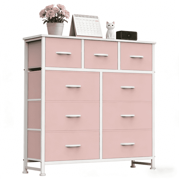 Aidoly 9-Drawer Wide Fabric Storage Dresser with Wooden Top - Space-Saving Bedroom & Closet Organizer, Pink