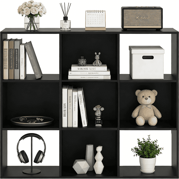 Aidoly 9-Cube Storage Bookshelf with Removable Back Panels - Modular MDF Organizer for Living Room, Bedroom & Home Office, Black