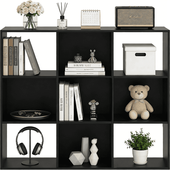 Aidoly 9-Cube Storage Bookshelf with Removable Back Panels - Modular MDF Organizer for Living Room, Bedroom & Home Office, Black