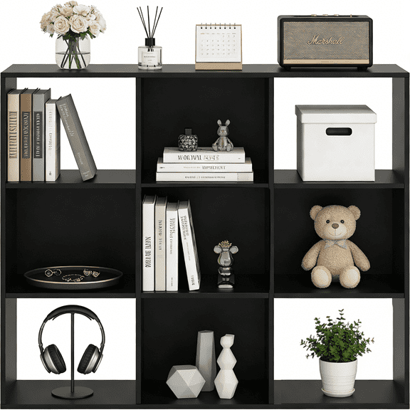 Aidoly 9-Cube Storage Bookshelf with Removable Back Panels - Modular MDF Organizer for Living Room, Bedroom & Home Office, Black