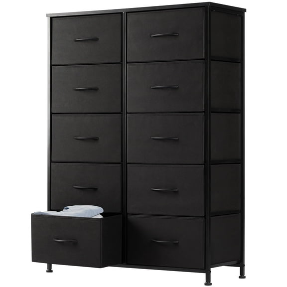 Aidoly Dresser for Bedroom, 10 Storage Drawers, Anti-Tip Tall Fabric Closet Chests Organizer Tower Furniture with Wooden Top Metal Frame for Living Room, Hallway, Entryway, Black