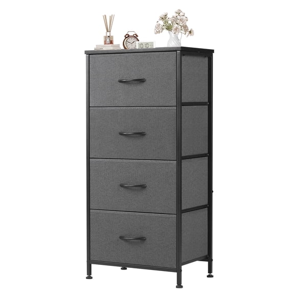 Aidoly Dresser, 4 Storage Drawers, Anti-Tip Fabric Closet Chests Organizer Tower Furniture with Wooden Top, Metal Frame, Grey