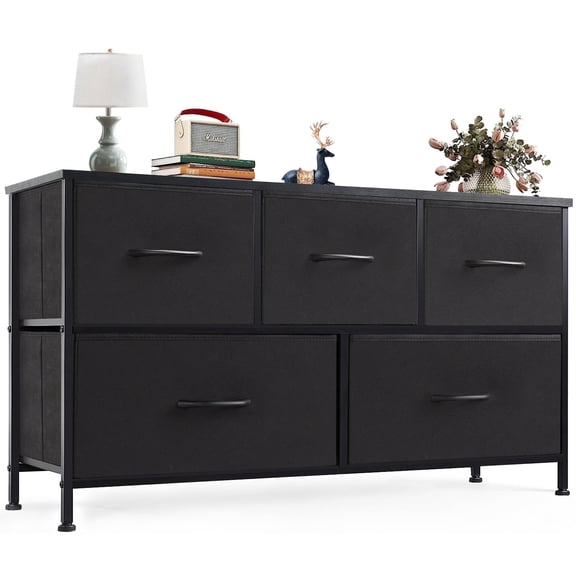 Aidoly 5-Drawer Dresser with Wooden Top, Adjustable Feet, Sturdy Metal Frame Dressers for Bedroom, Living Room, Black