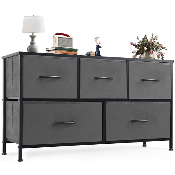 Aidoly 5-Drawer Dresser with Wooden Top, Adjustable Feet, Sturdy Metal Frame Dressers for Bedroom, Living Room, Grey