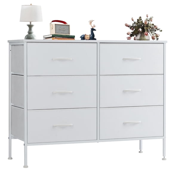 Aidoly Bedroom Dresser, 6 Storage Drawers, Anti-Tip Wide Fabric Closet Chests Organizer Tower Furniture with Wooden Top Metal Frame for Living Room, Hallway, Entryway, White