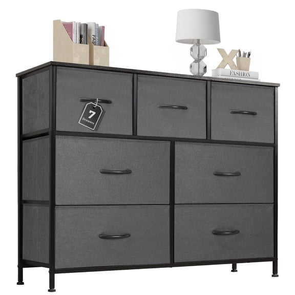 Aidoly Dresser for Bedroom, 7 Storage Drawers, Anti-Tip Wide Fabric Closet Organizer Tower Furniture, Wooden Top with Metal Frame, Grey