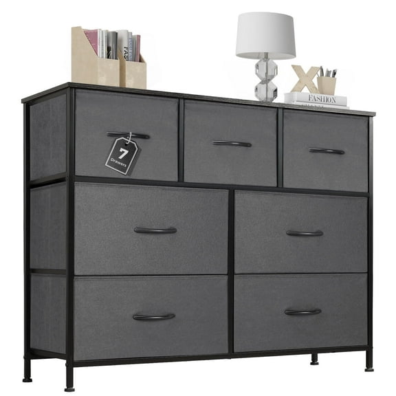 Aidoly Dresser for Bedroom, 7 Storage Drawers, Anti-Tip Wide Fabric Closet Organizer Tower Furniture, Wooden Top with Metal Frame, Grey