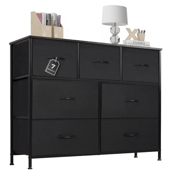 Aidoly Dresser for Bedroom, 7 Storage Drawers, Anti-Tip Wide Fabric Closet Organizer Tower Furniture, Wooden Top with Metal Frame, Black