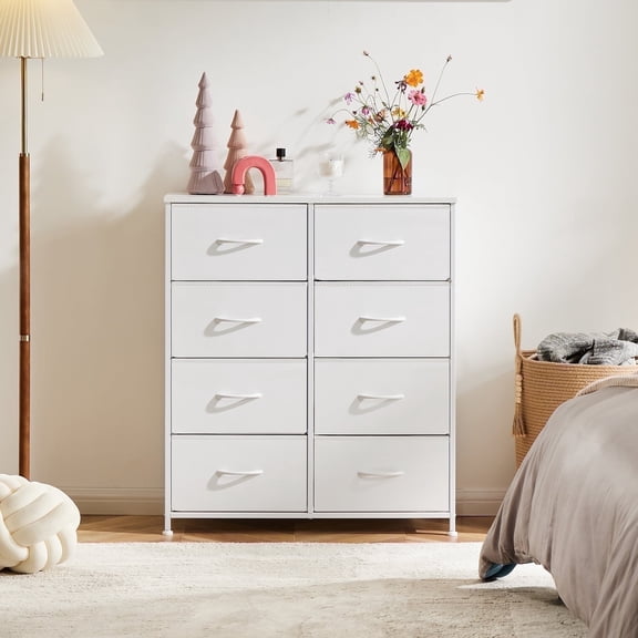 Aidoly Dresser for Bedroom, 8 Storage Drawers, Anti-Tip Fabric Closet Chests Organizer Tower Furniture with Wooden Top Metal Frame for Clothes, Living Room, Hallway, Entryway, Whtie