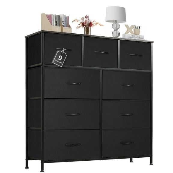 Aidoly 9-Drawer Dresser with Wooden Top, Adjustable Feet, Sturdy Metal Frame Dressers for Bedroom, Living Room, Black