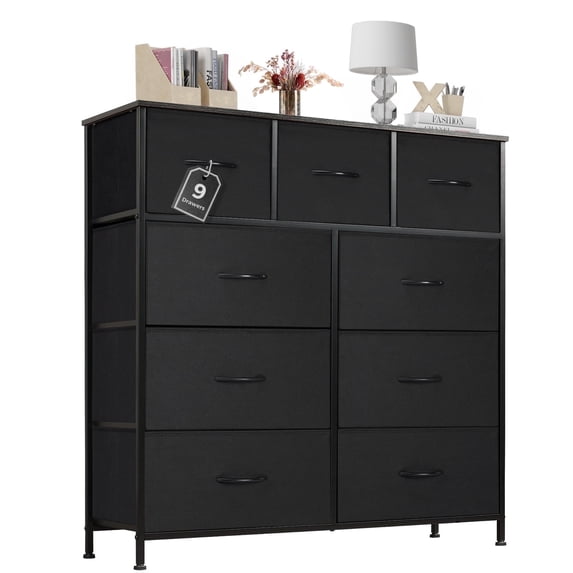 Aidoly 9-Drawer Dresser with Wooden Top, Adjustable Feet, Sturdy Metal Frame Dressers for Bedroom, Living Room, Black