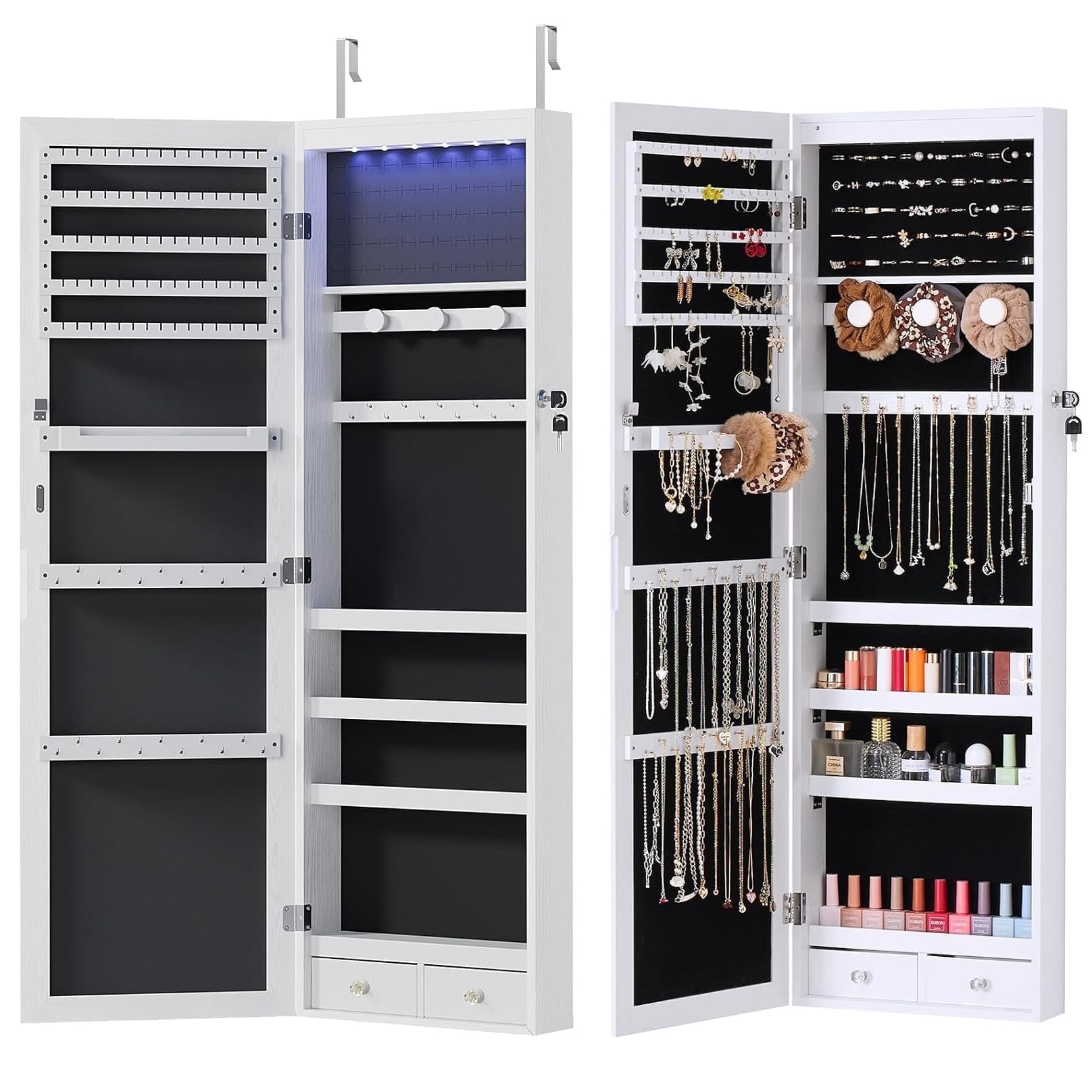 Aidoly Lighted Jewelry Cabinet with Full-Length Mirror, Wall/Door Mounted, 2-Drawer Storage, White