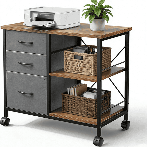 Aidoly Mobile Workstation with Storage Drawers - Locking Rolling Cart for Printer, Office Equipment & Supplies, Rustic Brown