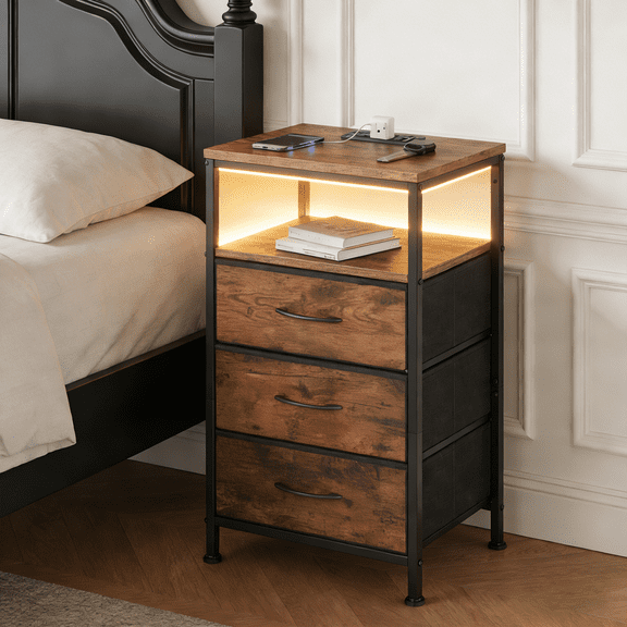 Aidoly Multifunctional Bedside Table with 3 Fabric Drawers, Built-in Charging Station & Smart LED Lighting, Rust Brown