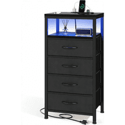 Aidoly Multifunctional Bedside Table with 4 Fabric Drawers, Built-in Charging Station & Smart LED Lighting, Black