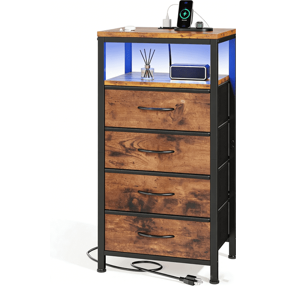 Aidoly Multifunctional Bedside Table with 4 Fabric Drawers, Built-in Charging Station & Smart LED Lighting, Rust Brown