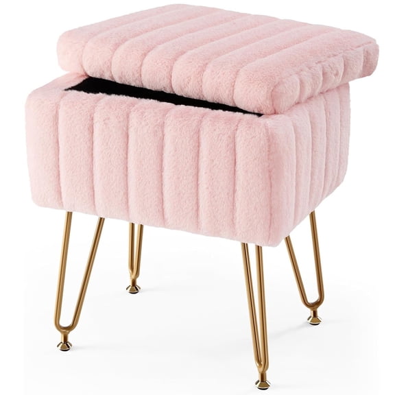 Aidoly Plush Vanity Stool with Hidden Storage - Adjustable Feet & Ottoman with Soft Fabric and Metal Legs, Pink