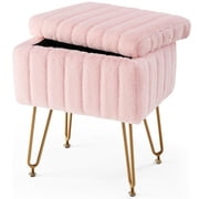 Aidoly Plush Vanity Stool with Hidden Storage - Adjustable Feet & Ottoman with Soft Fabric and Metal Legs, Pink