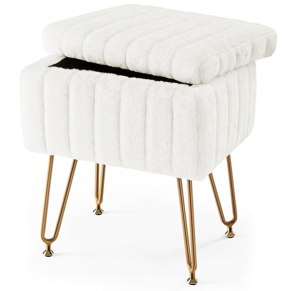 Aidoly Plush Vanity Stool with Hidden Storage - Adjustable Feet & Ottoman with Soft Fabric and Metal Legs, White