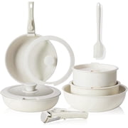 Aidoly Pots and Pans, 12 Pcs Kitchen Cookware Sets with Removable Handle, Nonstick, Stackable, Beige