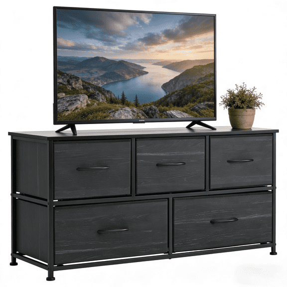 Aidoly Wide 5-Drawer Fabric Storage Dresser with Wooden Top - Compact Dresser for Bedroom, Living Room and Entryway, Charcoal Black