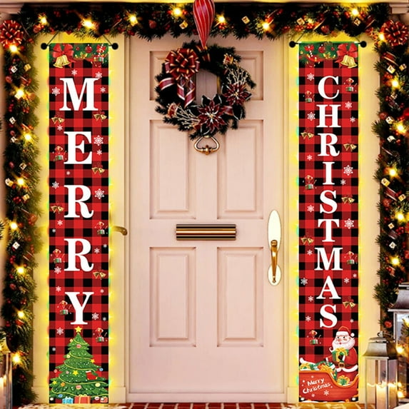 Aidoshy Christmas Porch Sign, Merry Christmas Banner Indoor Outdoor Xmas Decorations, New Year Plaid Hanging Banners Sign for Holiday Party Supplies Home Garage Welcome