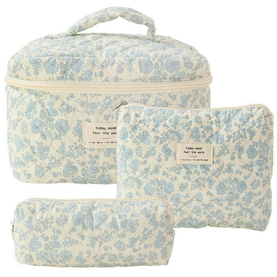 Aidoshy Travel Makeup Bag Cosmetic Bag,3 Pcs Cotton Quilted Makeup Bag Set Floral Cotton Cosmetic Bag Toiletry Travel Organizer Bag For Women Girls,Best Friend Birthday Gifts for Women Girl