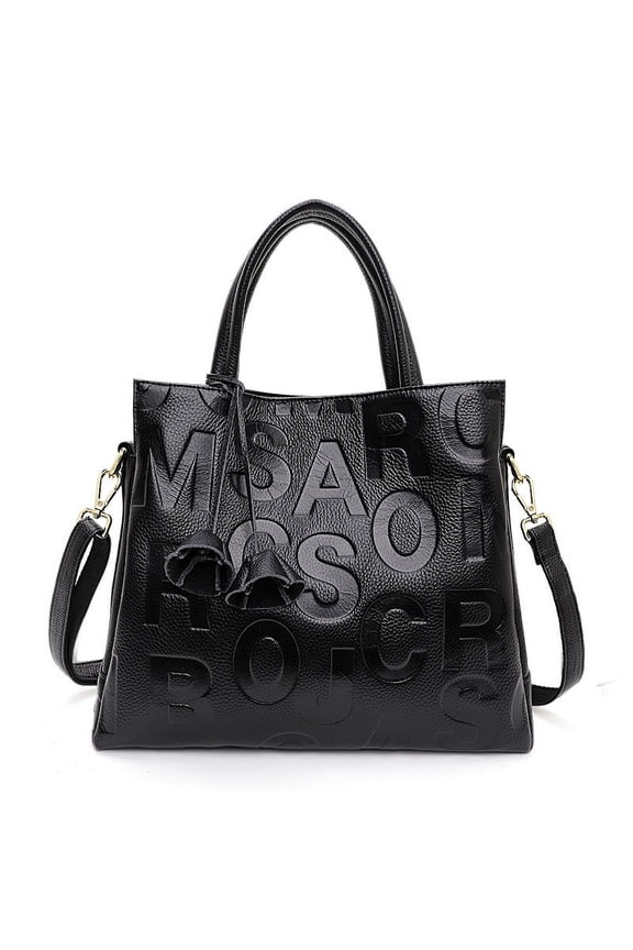 Large Capacity Genuine Leather Women's Handbag Black Letter Cowhide Commuter Shoulder Bag