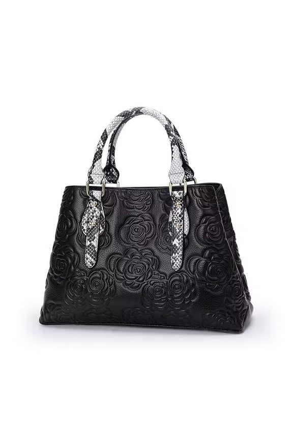 Women's luxury leather handbag, large capacity black, with floral and snake pattern design,