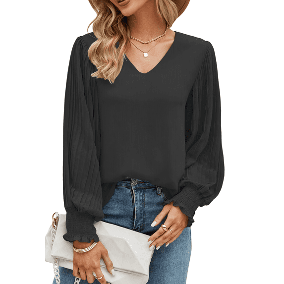 Aifer Womens Tops Dressy Casual Puff Sleeve Flowy Chiffon Blouse V Neck Long Sleeve Shirts Business Office Date Night Going Out Work Outfits spring 2023