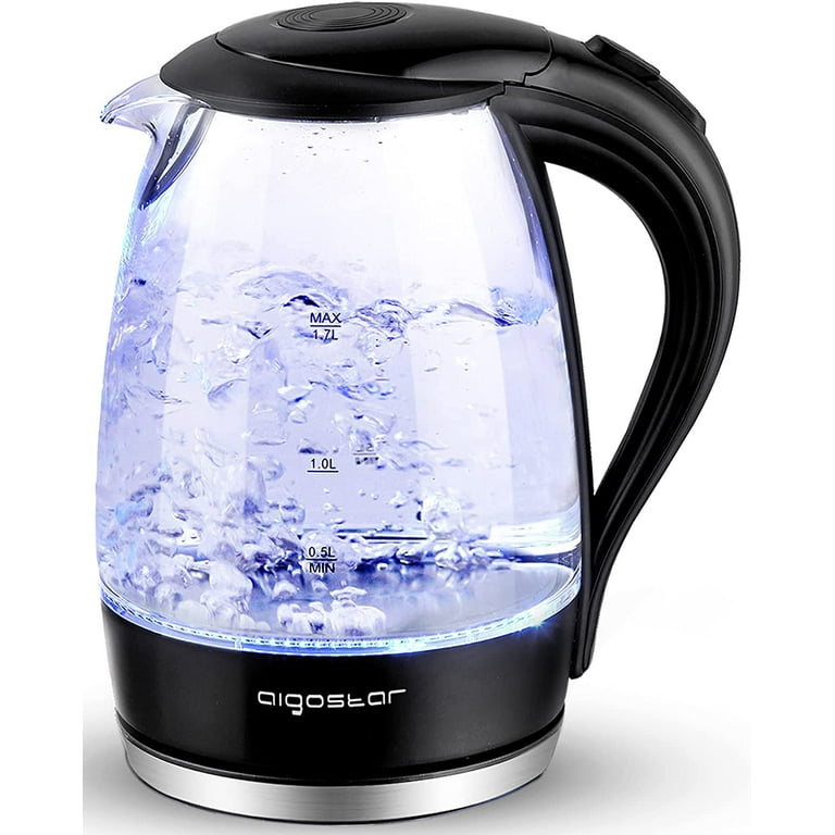 Aigostar Electric Kettle, 1.7 Liter Electric Tea Kettle with LED  Illuminated and High Borosilicate Glass, Hot Water Kettle with Filter, BPA  Free, Auto Shutoff, Boil-Dry Protection, Cordless, 360 Base Black 