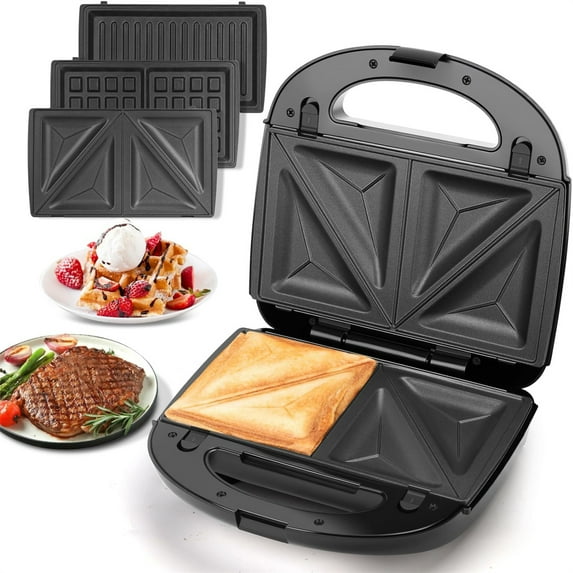 Sandwich Maker Panini Press Grill, 3 in 1 Waffle Maker with Removable Non-stick Plates, Electric Grilled Cheese Maker, Portable Cool Touch Handle, Led Indicator Lights & Easy to Clean, 750W