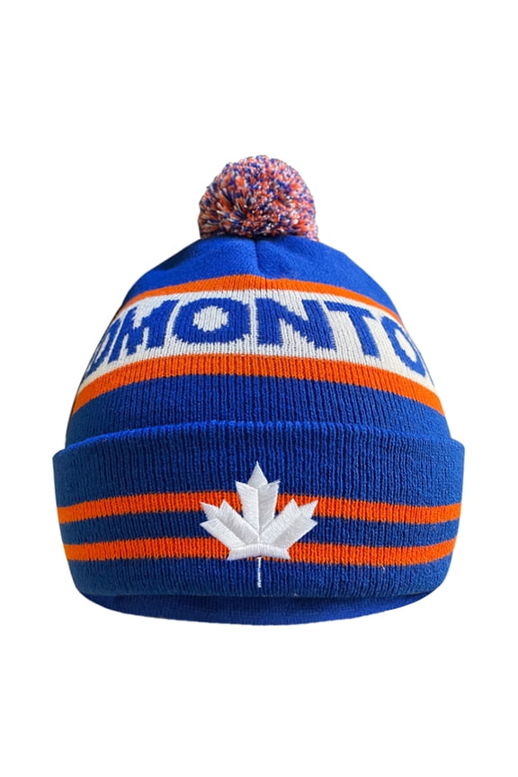 Canada Maple Leaf Edmonton City Sport Embroidery Classic Pom Cuff Edmonton Beanie Hat Cuffed Winter Hat Knit Toque Skull Cap Blue