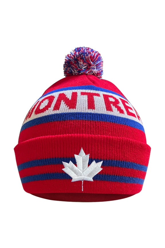 Canada Maple Leaf Montreal City Sport Embroidery Classic Pom Cuff Montreal Beanie Hat Cuffed Winter Hat Knit Toque Skull Cap Red
