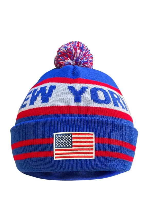 US Flag New York City Sport Embroidery Classic Pom Cuff New York Beanie Hat Cuffed Winter Hat Knit Toque Skull Cap Blue