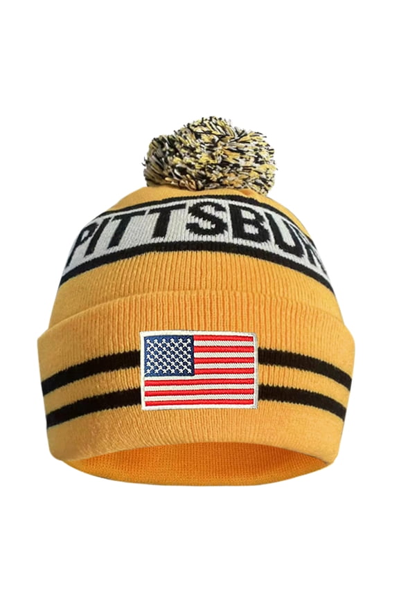 US Flag Pittsburgh City Football Embroidery Classic Pom Cuff Pittsburgh Beanie Hat Cuffed Winter Soft Beanie Knit Pom Hat Cap Green