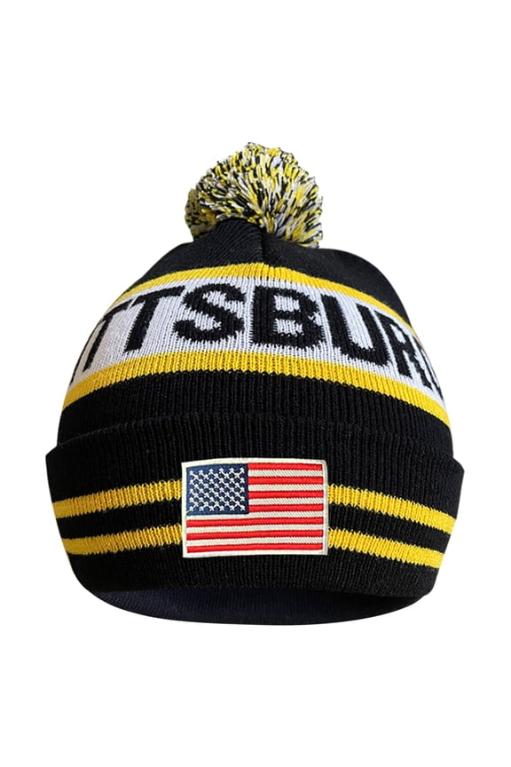 US Flag Pittsburgh City Sport Embroidery Classic Pom Cuff Pittsburgh Beanie Hat Cuffed Winter Hat Knit Toque Skull Cap Black